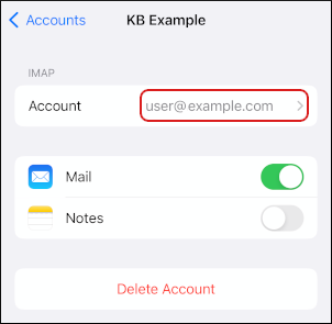 iOS - Mail - Accounts - Select account under IMAP