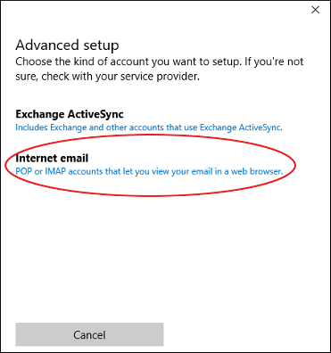 Microsoft Mail - Advanced setup dialog box - Internet email