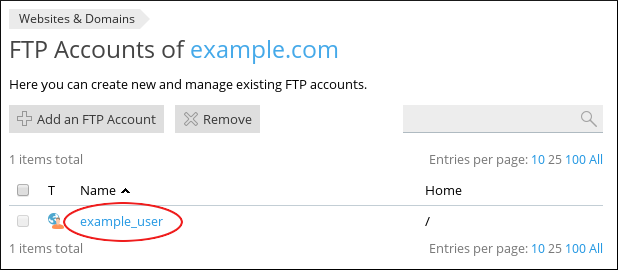 Plesk - FTP Accounts page - Select user