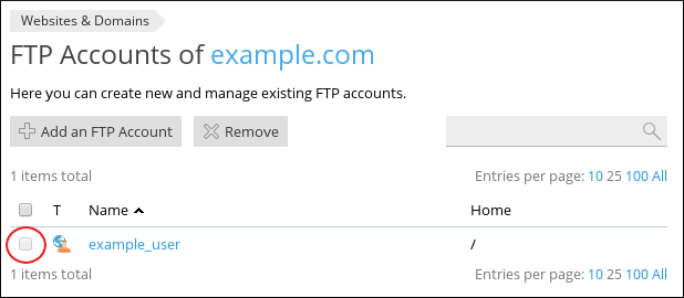Plesk - FTP Accounts page - Select user check box