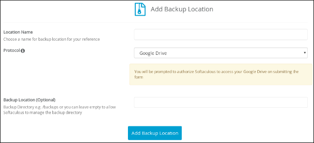 Softaculous - Add Backup Location - Google Drive