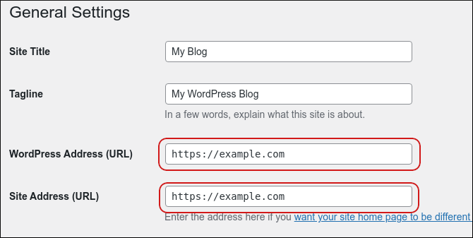 WordPress - General Settings page - WordPress Address and Site Address text boxes